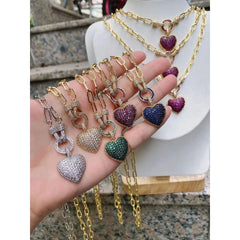 Love Heart Cubic Zirconia 18K Gold Copper Links Chain Necklace for Women