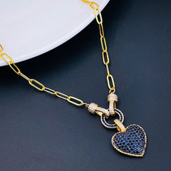 Love Heart Cubic Zirconia 18K Gold Copper Links Chain Necklace for Women
