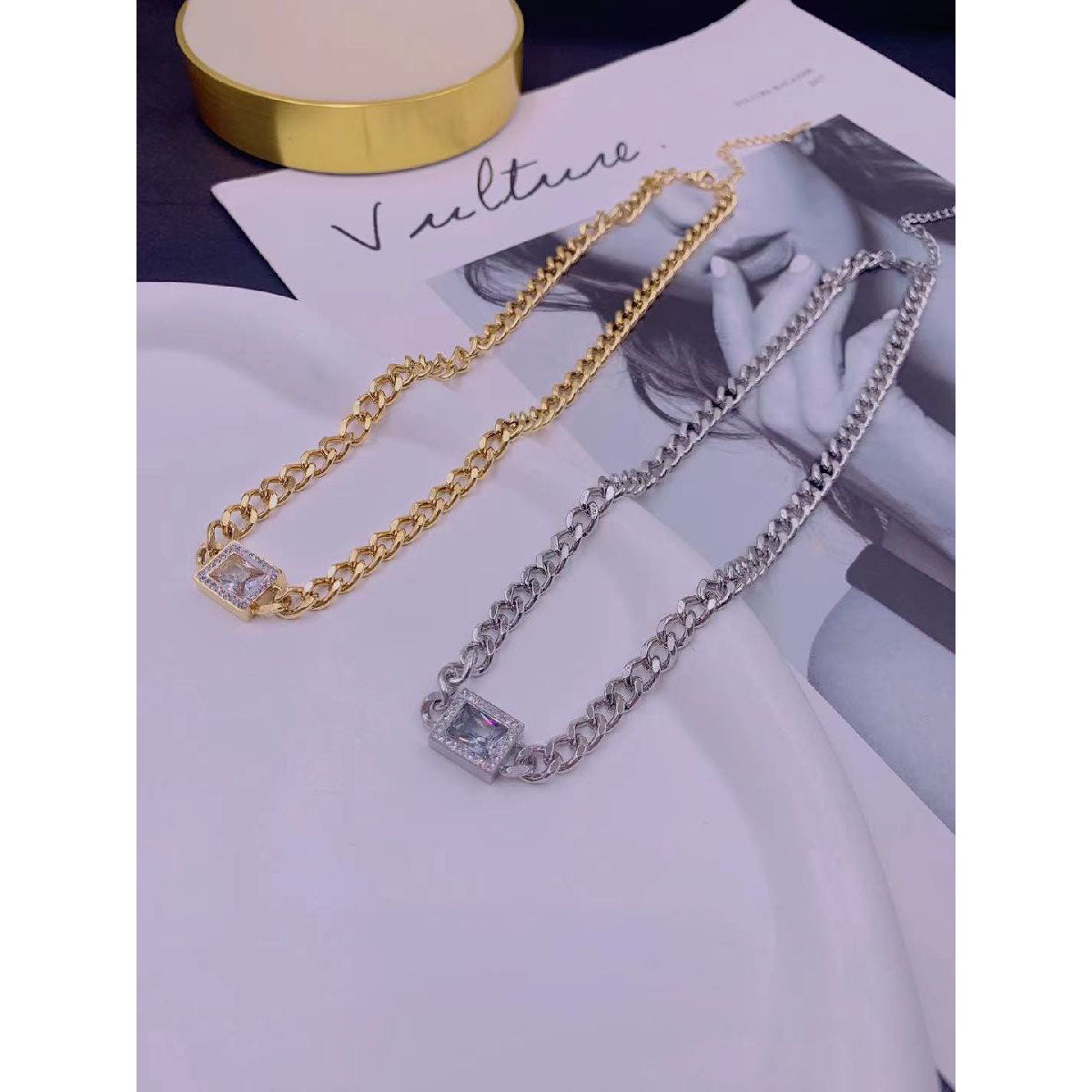 Emerald Cut Cubic Zirconia 18K Gold Curb Stainless Steel Necklace Chain Women