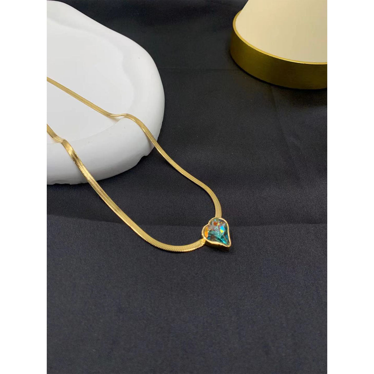 Rainbow Heart Love Austrian Crystal 18K Gold Snake Pendant Chain Women