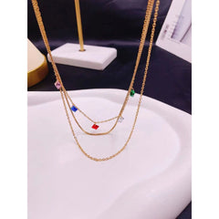 Multi Colour Princess Cut 18K Gold Stainless Steel Triple Layer Necklace Chain for Women