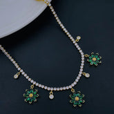 Green Flower Tennis Solitaire Cubic Zirconia 18K Gold Charms Necklace for Women