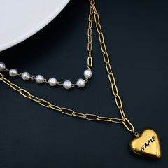 Dual Layer Pearl 18K Gold Paper Clip Links Stainless Steel Necklace Chain for Women