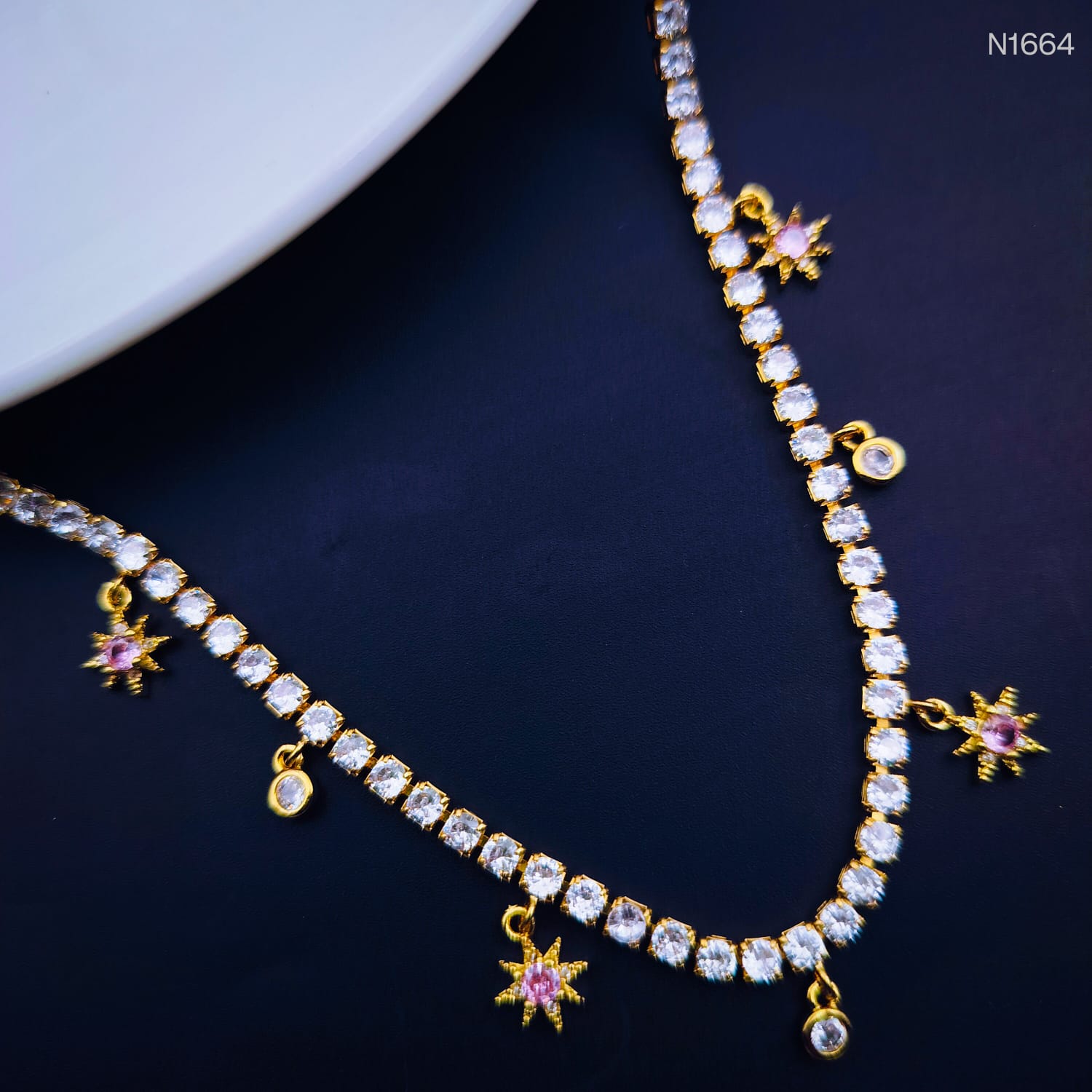 Tennis Solitaire Cubic Zirconia 18K Gold Dainty Pink Charms Necklace for Women