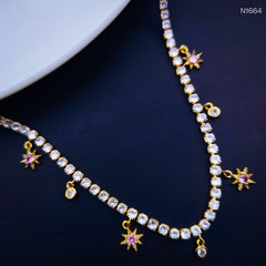 Tennis Solitaire Cubic Zirconia 18K Gold Dainty Pink Charms Necklace for Women