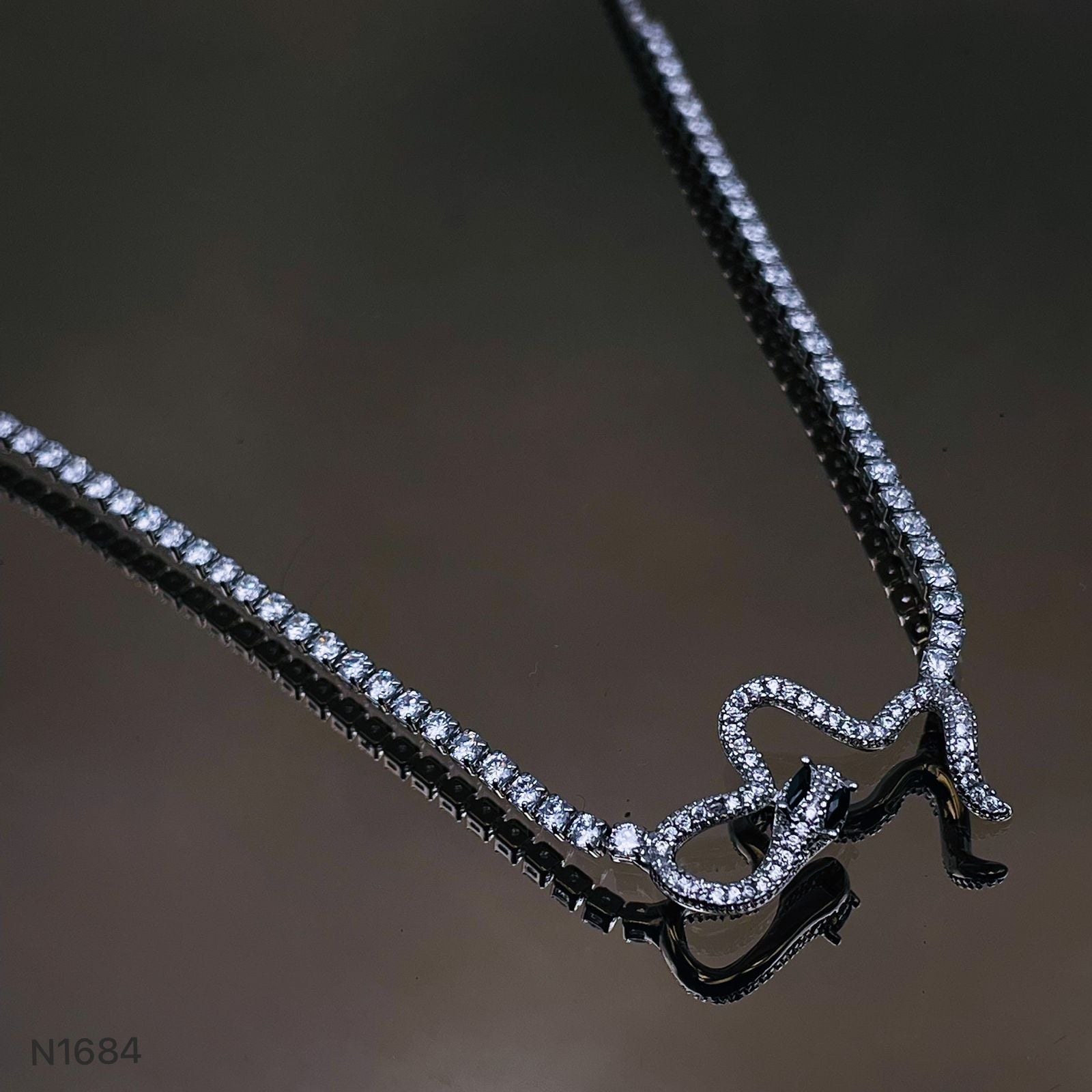 Studded Snake Cubic Zirconia Eternity Solitaire Silver Adjustable Necklace for Women