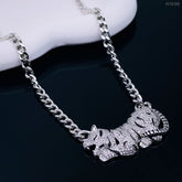 Tiger Panther Cubic Zirconia Black Enamel Silver Curb Chain Necklace for Women