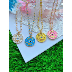 White Evil Eye Horse Shoe Elephant Medallion Pendant Chain Necklace for Women