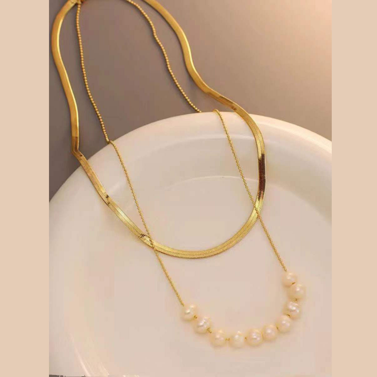 Dual Layer Pearl 18K Gold Stainless Steel Necklace for Women