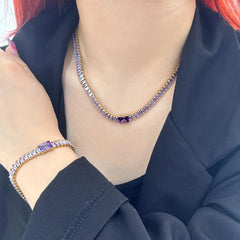 Baguette Purple Black Cubic Zirconia 18K Gold Copper Anti Tarnish Tennis Bracelet Necklace For Women