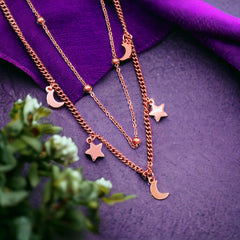 Star Moon 18K Rose Gold Anti Tarnish Stainless Steel Necklace Layer Chain For Women