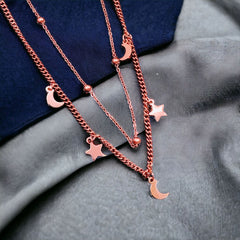Star Moon 18K Rose Gold Anti Tarnish Stainless Steel Necklace Layer Chain For Women