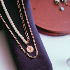 Queen Elizabeth Coin White 18K Rose Gold Pearl Anti Tarnish Stainless Steel Necklace Layer Chain For Women