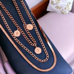 Queen Elizabeth Coin 18K Rose Gold Anti Tarnish Stainless Steel Curb Necklace Layer Chain For Women