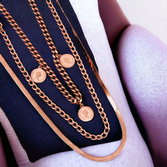 Queen Elizabeth Coin 18K Rose Gold Anti Tarnish Stainless Steel Curb Necklace Layer Chain For Women