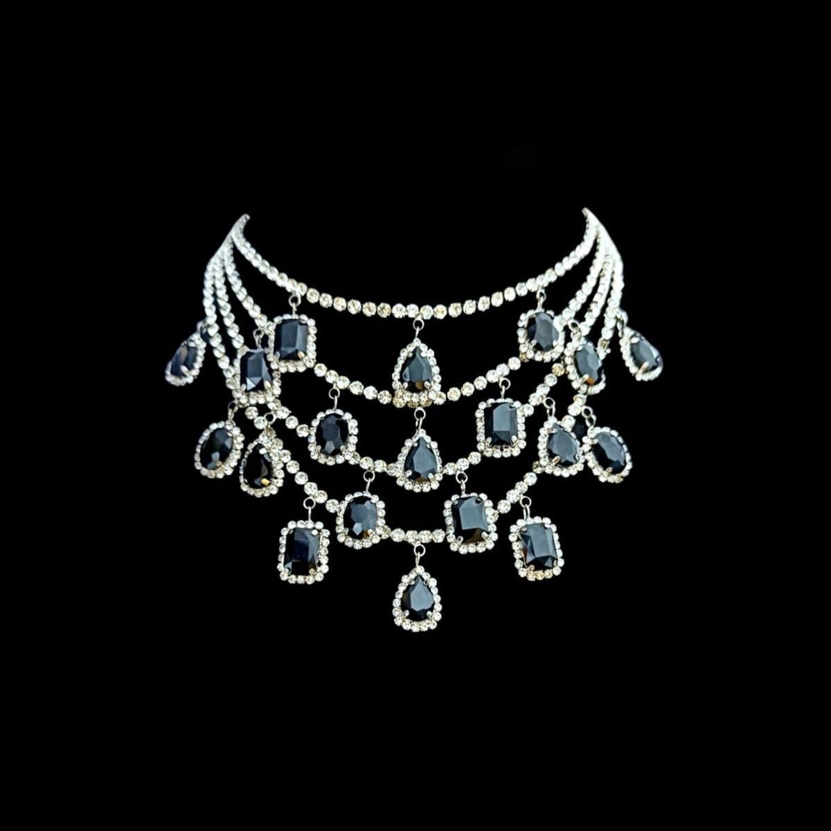 Radiant Cut Drop Charm Crystal Rhinestone Black Silver Anti Tarnish Statement Necklace For Women