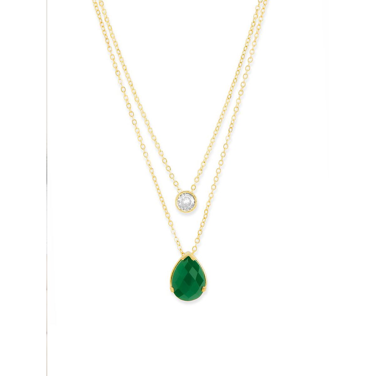 Copper Solitaires Cubic Zirconia Emerald Green Gold Link Chain Layer Necklace For Women