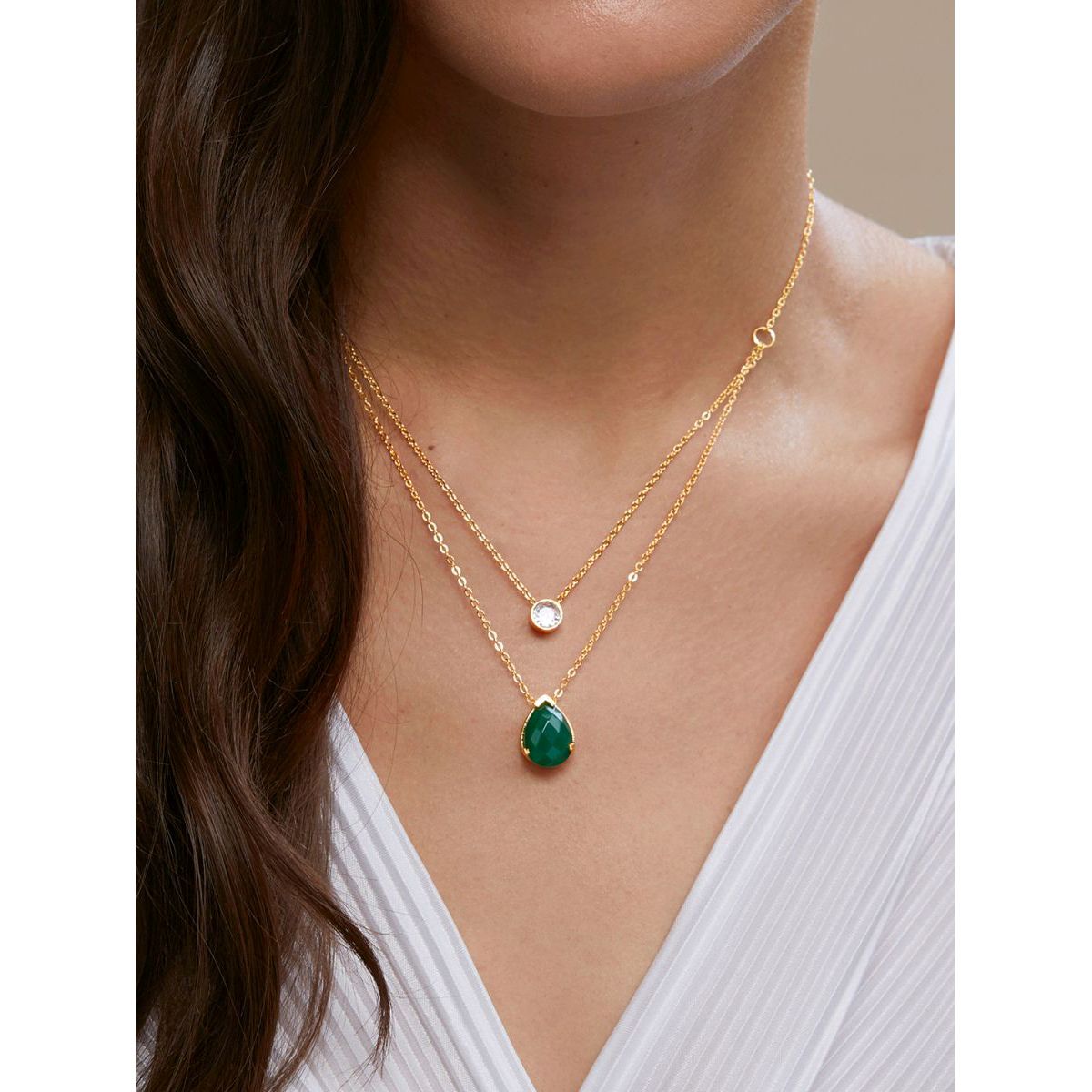 Copper Solitaires Cubic Zirconia Emerald Green Gold Link Chain Layer Necklace For Women
