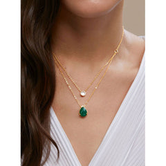 Copper Solitaires Cubic Zirconia Emerald Green Gold Link Chain Layer Necklace For Women