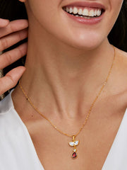 Copper Drop Cubic Zirconia Red Ruby Gold Link Pendant Chain Necklace For Women