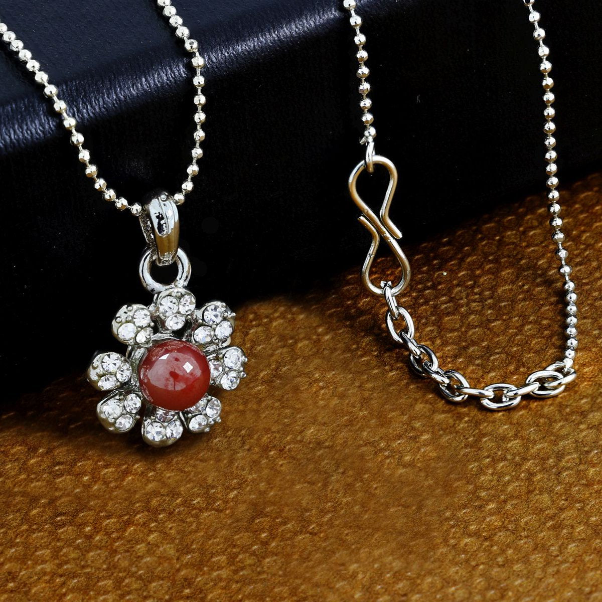 Flower Cz Maroon Brass American Diamond Pearl Necklace Pendant Chain