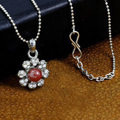 Flower Cz Maroon Brass American Diamond Pearl Necklace Pendant Chain