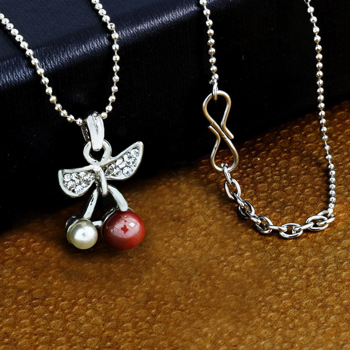 Bow Pink American Diamond Pearl Necklace Pendant Chain