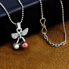 Bow Pink American Diamond Pearl Necklace Pendant Chain