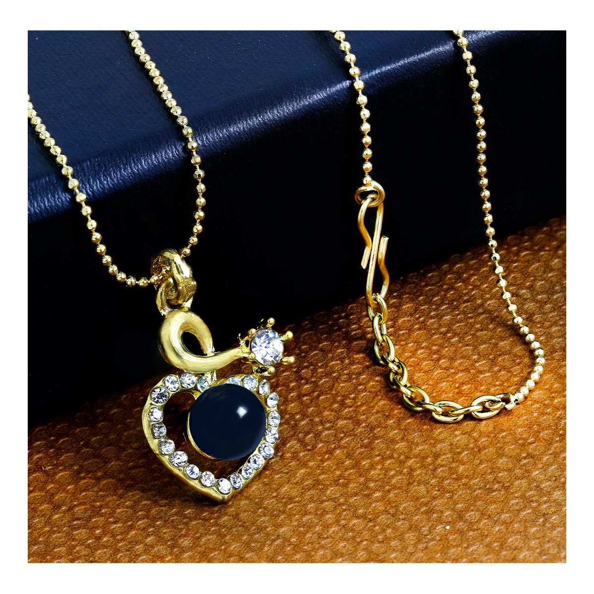 Heart 18K Gold Black American Diamond Pearl Necklace Pendant Chain