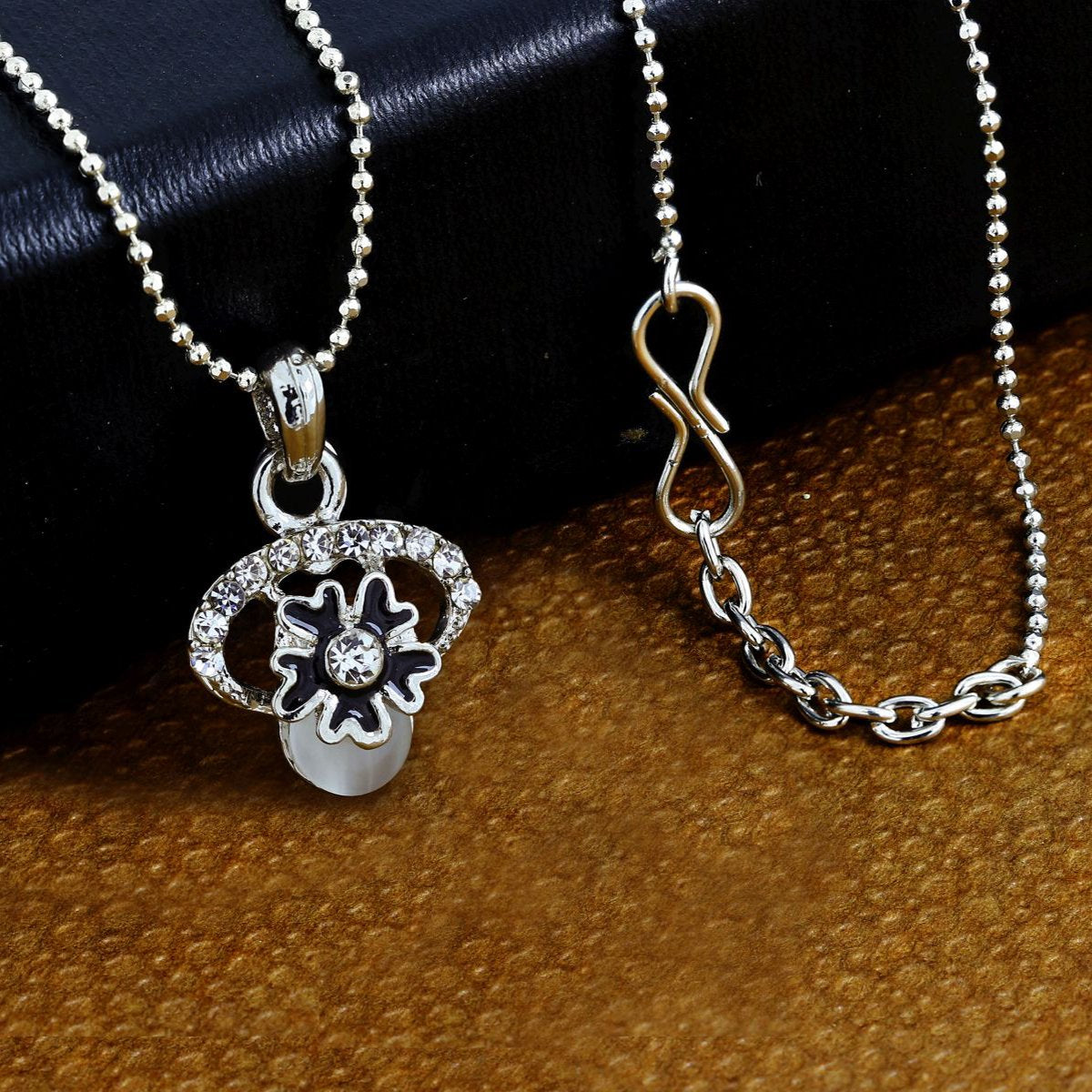 Enamel Flower Black American Diamond Pearl Necklace Pendant Chain