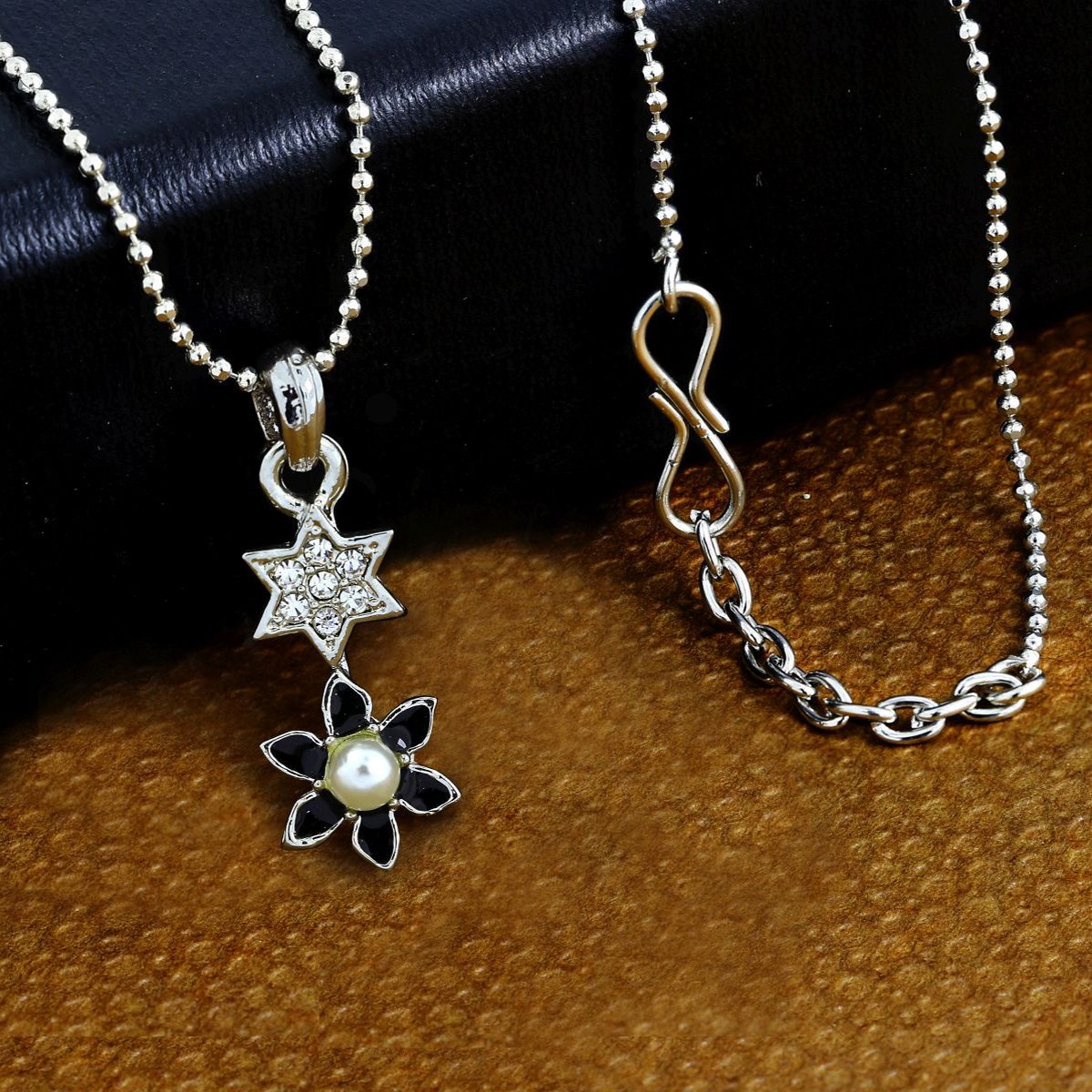 Star Flower Cz Rhodium Black American Diamond Necklace Pendant Chain
