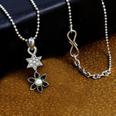 Star Flower Cz Rhodium Black American Diamond Necklace Pendant Chain