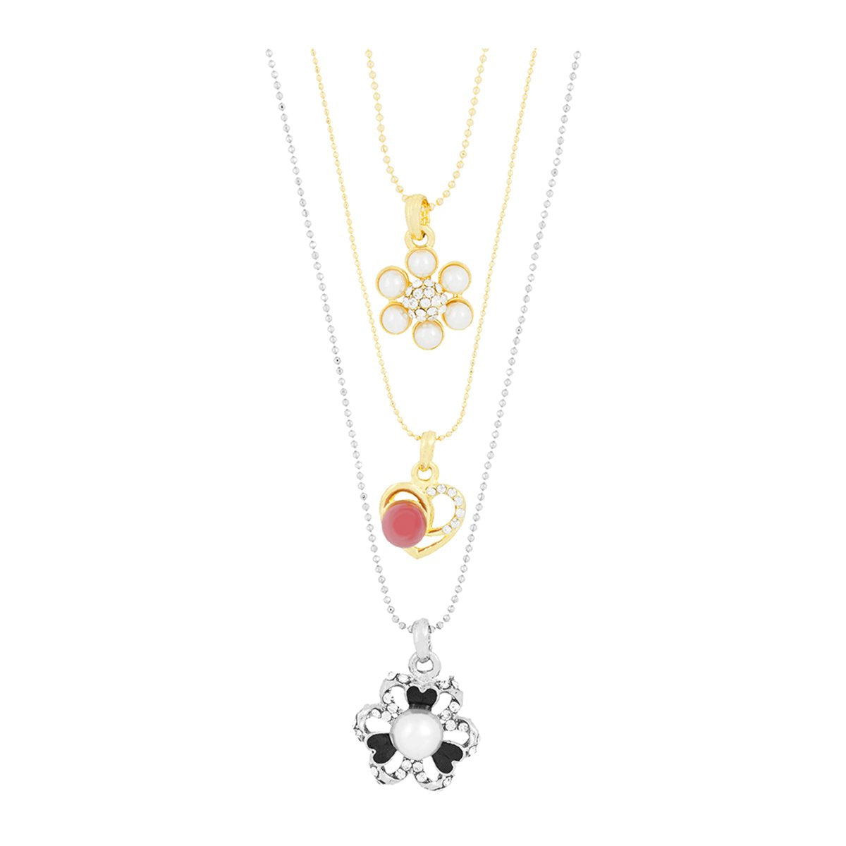 Enamel CZ Flower Rhodium Plated CZ Pearl Necklace Pendant Chain
