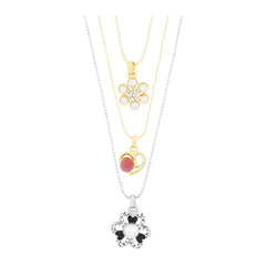 Enamel CZ Flower Rhodium Plated CZ Pearl Necklace Pendant Chain