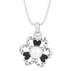 Enamel CZ Flower Rhodium Plated CZ Pearl Necklace Pendant Chain