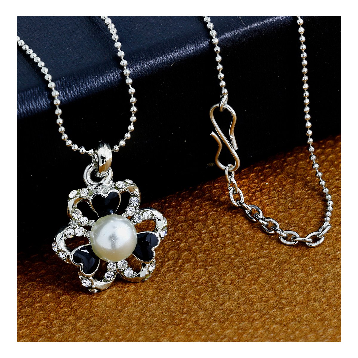 Enamel Cz Flower Black American Diamond Pearl Necklace Pendant Chain