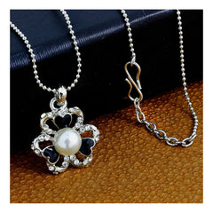 Enamel Cz Flower Black American Diamond Pearl Necklace Pendant Chain