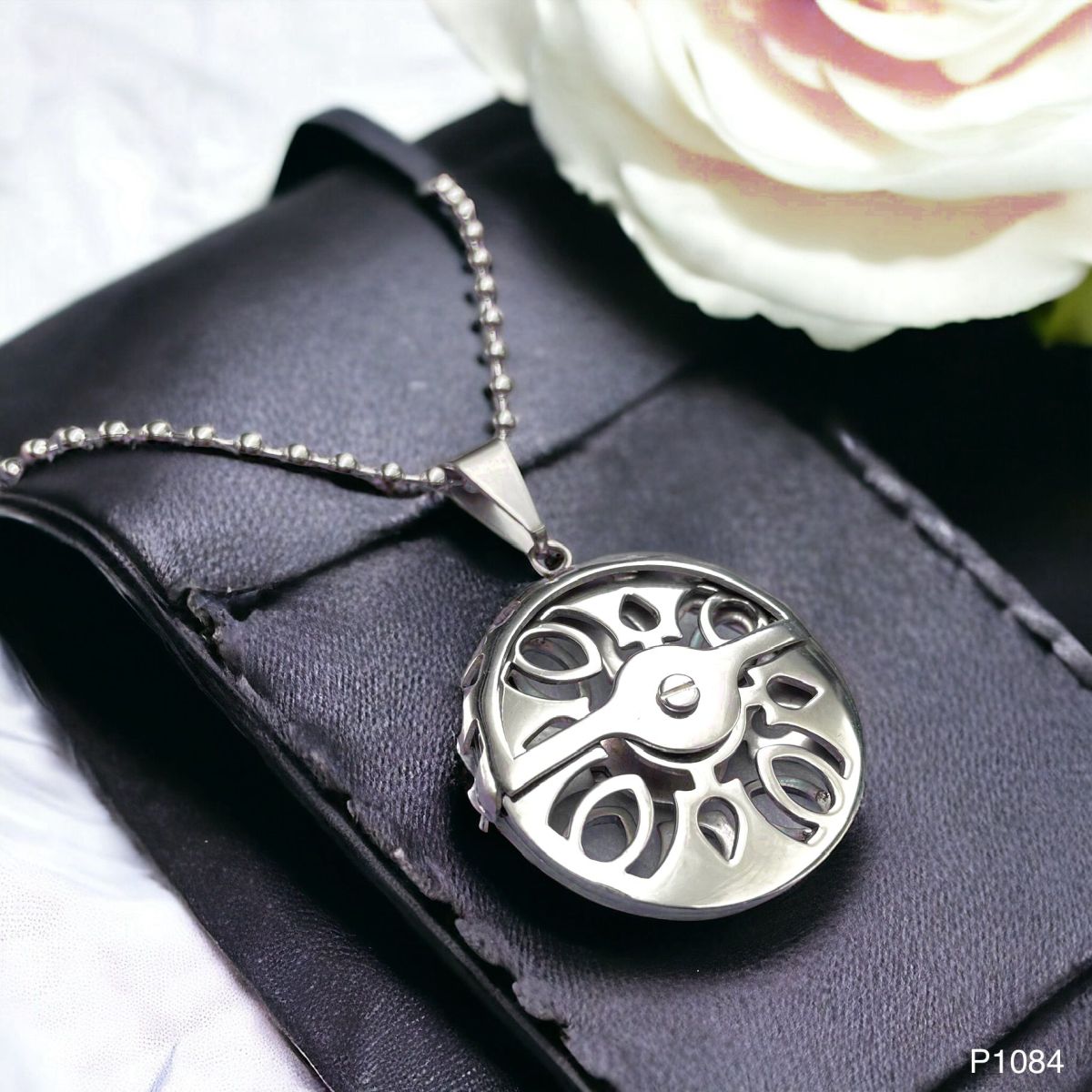 Biker Wheel Rhodium Plated Silver Brass Pendant Chain Unisex