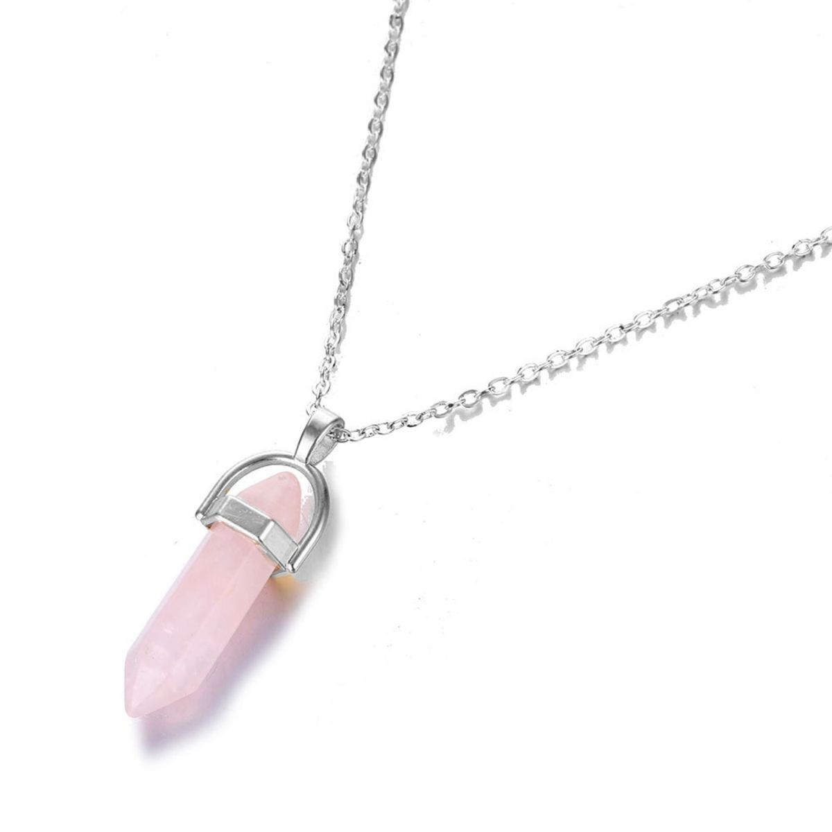 Bullet Pencil Natural Rose Pink Quartz Crystal Stone Pendant Chain