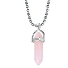 Bullet Pencil Natural Rose Pink Quartz Crystal Stone Pendant Chain