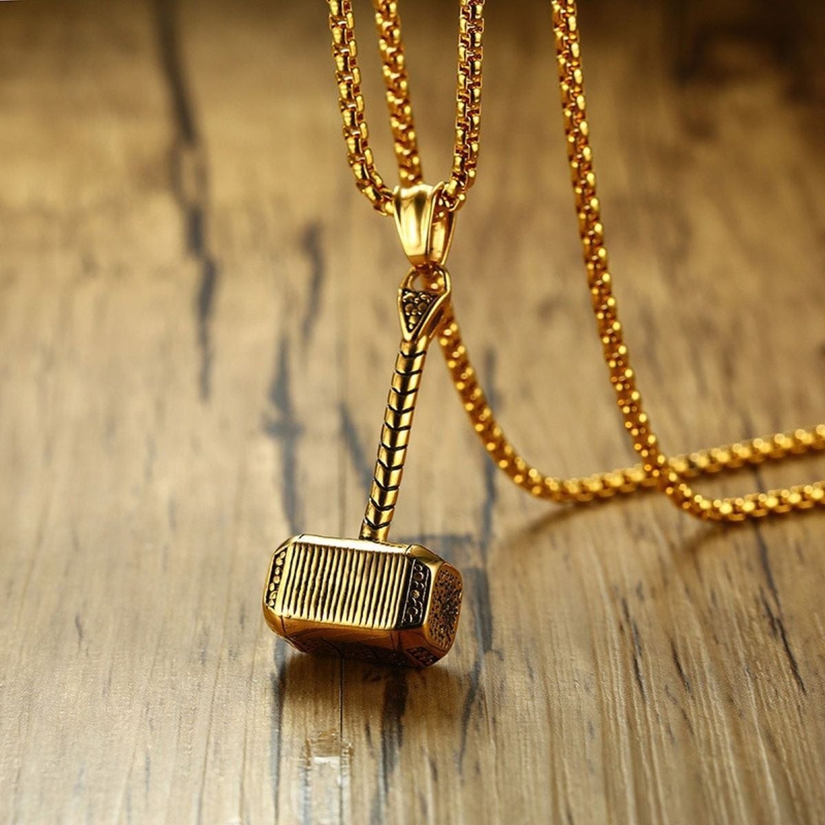 Thor Hammer Gold Plated Stainless Steel Pendant Chain