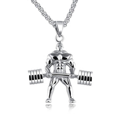 Barbell Dumbell Body Builder Weight Lifter Silver Stainless Steel Pendant Chain