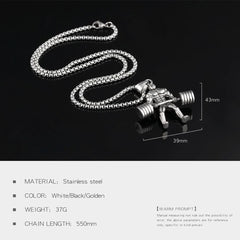 Barbell Dumbell Body Builder Weight Lifter Silver Stainless Steel Pendant Chain