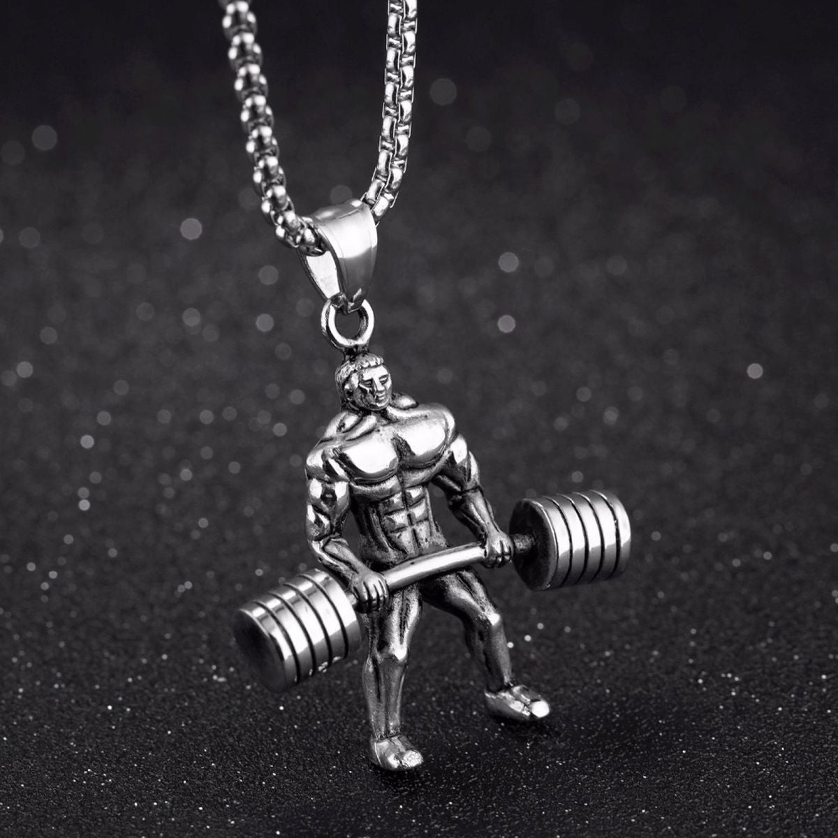 Barbell Dumbell Body Builder Weight Lifter Silver Stainless Steel Pendant Chain