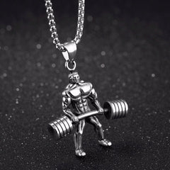 Barbell Dumbell Body Builder Weight Lifter Silver Stainless Steel Pendant Chain