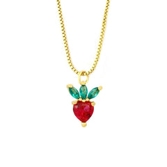 Strawberry Heart Fruit Red Green 18K Gold Pendant Chain Necklace Girls