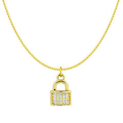 Tiny Cute Padlock Lock Cubic Zirconia 18K Gold Pendant Necklace Chain