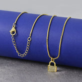 Tiny Cute Padlock Lock Cubic Zirconia 18K Gold Pendant Necklace Chain