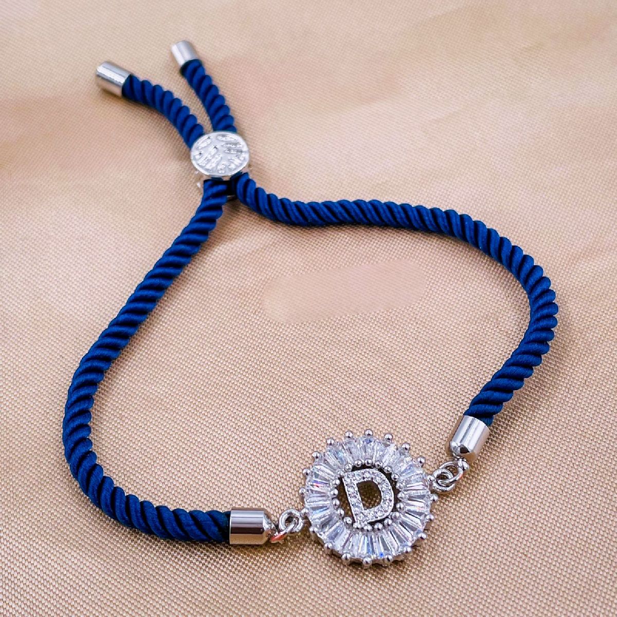 Initial Alphabet Letter D Blue Silver CZ Thread Bracelet