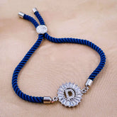Initial Alphabet Letter D Blue Silver CZ Thread Bracelet